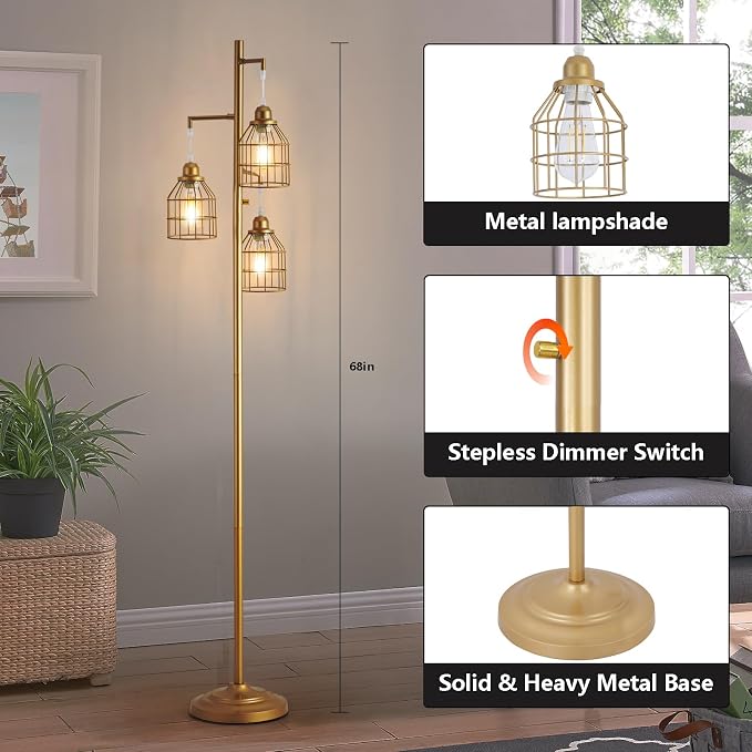 9MMML Golden Dimmable Floor Lamp,Industrial Gold Farmhouse Tall Standing Lamp for Living Room, Bedroom Office,3 Teardrop Cage Lampshade,3 LED Bulbs Inculded, 68'' Tall