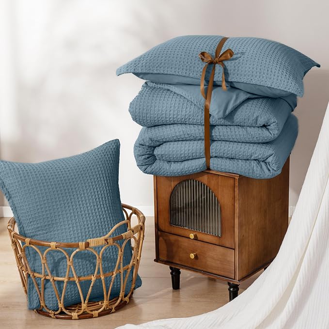PHF Ultra Soft Waffle Weave Comforter Set King Size, 3 Pieces Lightweight Breathable Comfy Bedding Set, Comfy Textured 1 Comforter with 2 Pillow Shams, Stormy Blue
