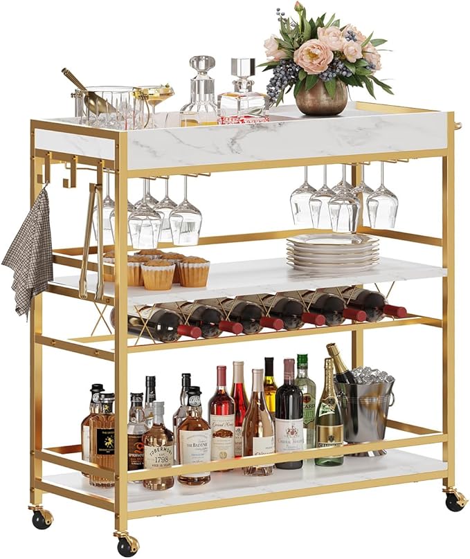 BON AUGURE Bar Cart for The Home, Rolling Home Bar Serving Cart on Wheels, 3 Tier Mobile Liquor Beverage Carts with Wine Rack and Glass Holder (Gold & Marbleized White)