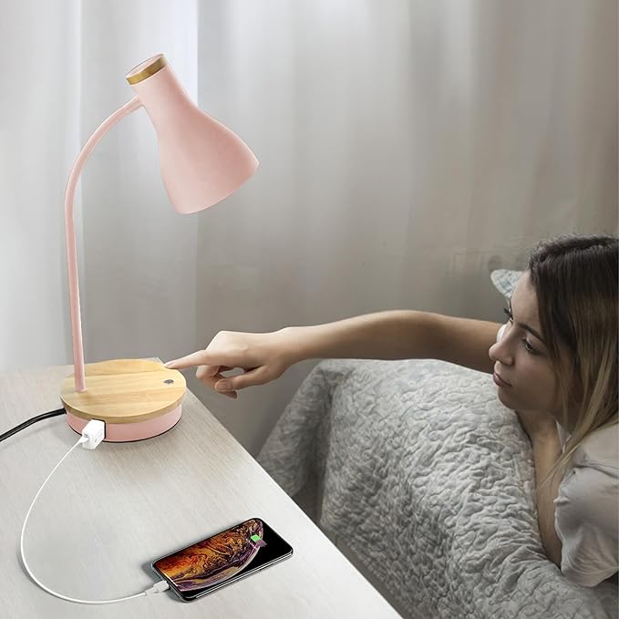 LALISU Metal Desk Lamp Wireless Charging Table Lamp Touch Reading Lights Arc Desk Lamps for Bedroom, 3 Way Dimmable Bedside Lamp with USB Charging Ports Lamp for Study Room and Office (Touch-Pink)