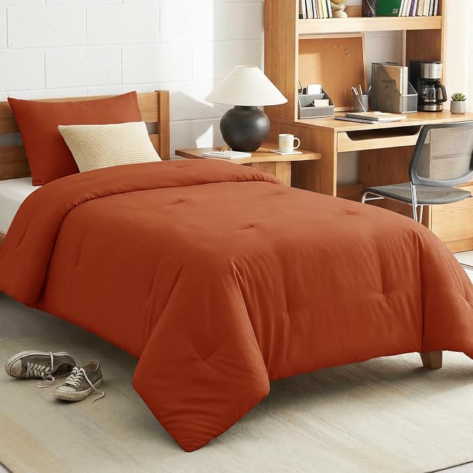CozyLux Twin Comforter Set College Dorm Essentials, 2 Pieces Burnt Orange Twin Extra Long Solid Bedding Sets, Terracotta Bed Set with Down Alternative Comforter and 1 Pillowcase, Back to School Gift