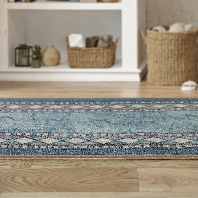 Antep Rugs Alfombras Modern Bordered 2pc Non-Skid (Non-Slip) Low Profile Pile Rubber Backing Indoor Kitchen Runner Rugs (Blue, 2pc Set)