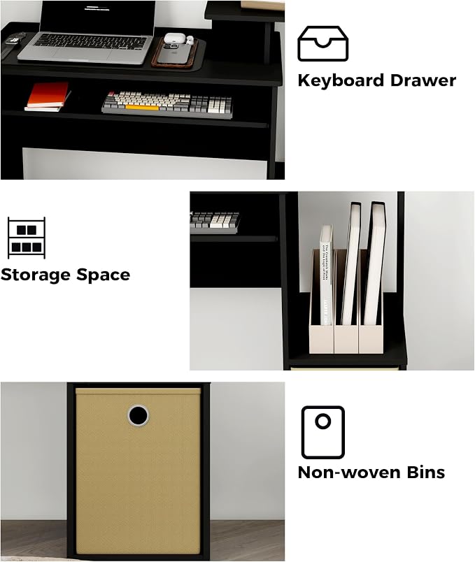 Small Computer Writing Desk with Drawers, Home Office Desk with Storage Shelves for Home Office Bedroom, Black/Brown