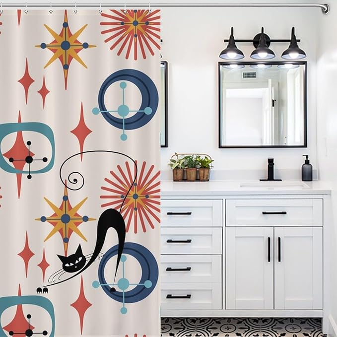 Mid Century Black Cat Shower Curtain,Modern Atomic Retro Abstract Geometric 60s 70s Iconic Decor Fabric Bathroom Curtain with Hook 72x72in（183x183cm）