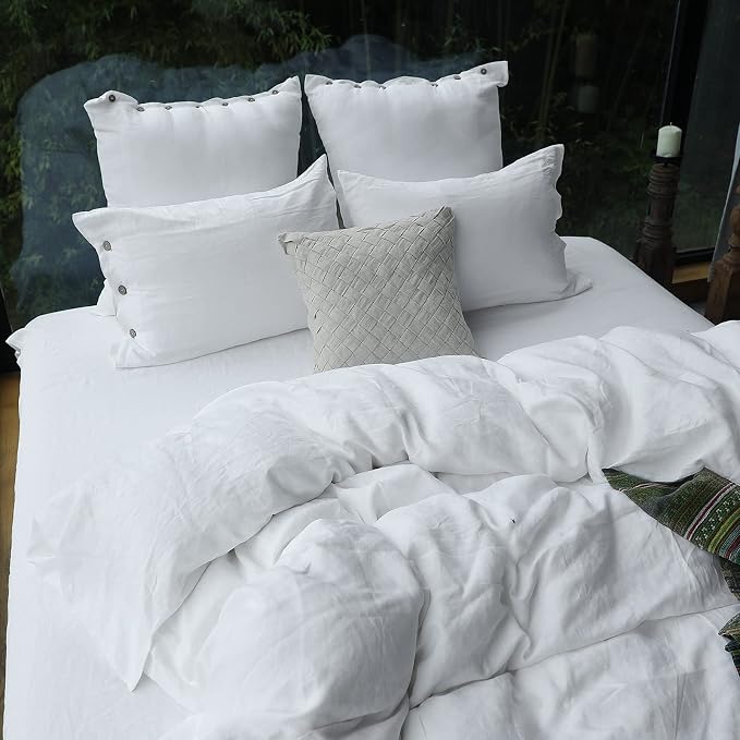 Simple&Opulence 100% Linen Euro Shams with Coconut Button (26'' x 26'') - Pack of 2 - Washed Solid Color Natural Flax Soft Breathable - White