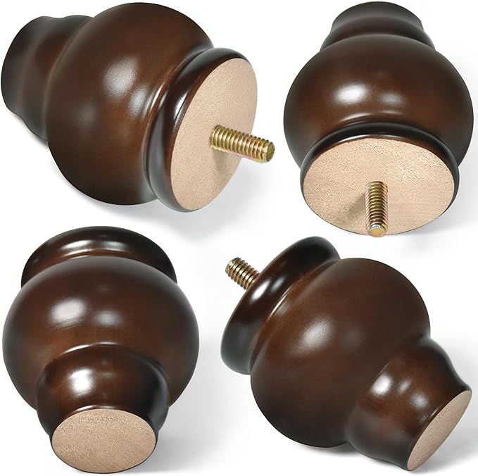 Furniture Legs, Wood Sofa Legs, Turned Couch Legs, Round Furniture Feet for Dresser, Sideboard, Recliner, Coffee Table (Dark Brown, 3 inch)
