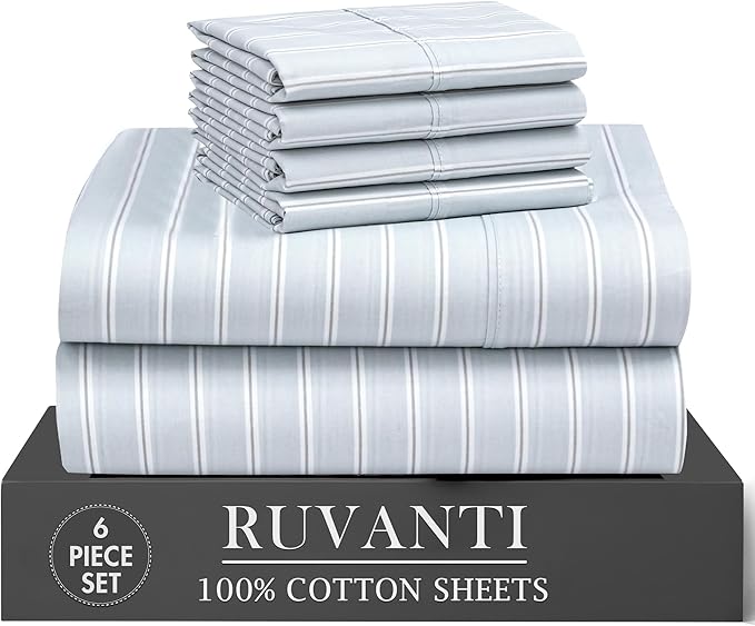 RUVANTI 100% Cotton Percale Sheets Full Size 6 Piece Set, Cooling Bed Sheets for Hot Sleepers, Deep Pocket 16”, Breathable Lightweight & Durable, Crisp Hotel Style Sheets, Horizon Stripes