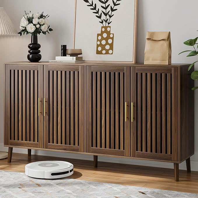 Buffet Cabinet with Storage, 63" Walnut Sideboard with Grille Doors&Adjustable Shelf, Wood Coffee Bar Storage Cabinet for Kitchen Living Room Entryway