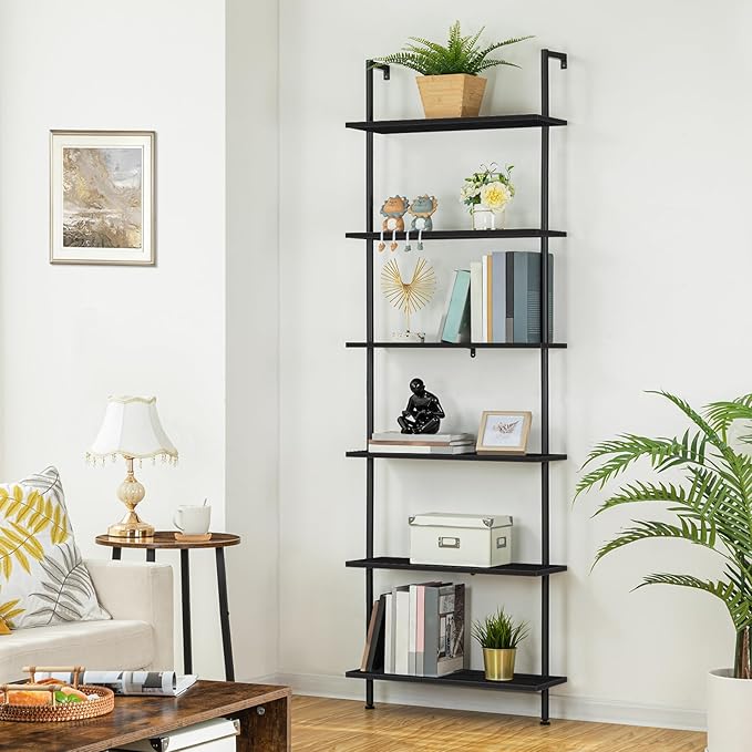 HOOBRO DIY Ladder Shelf, 6-Tier Wall Mounted Bookshelf, Office Vertical Bookcase, Wooden Storage Shelves for Home Office, Bedroom, Black BB65CJ01