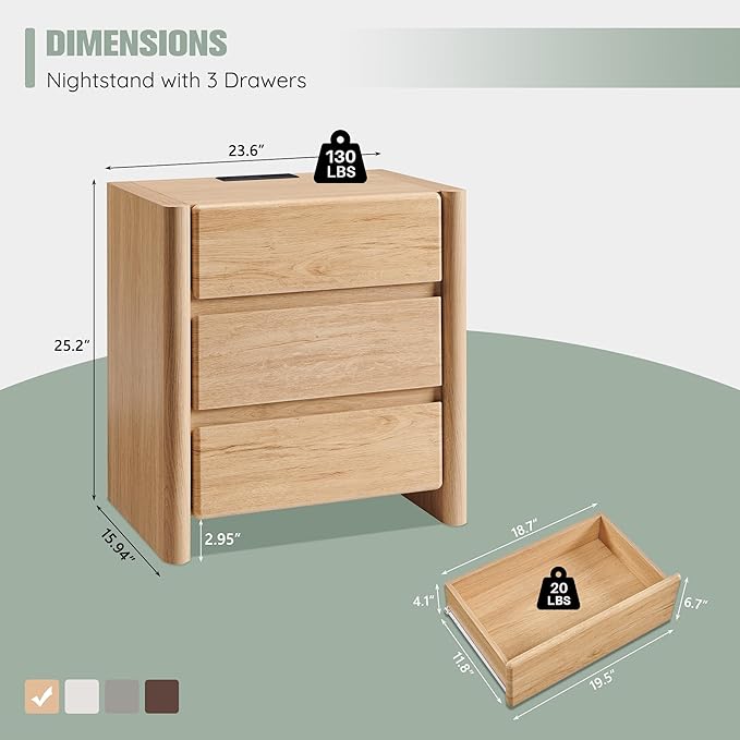 25" Tall Modern Nightstand with Charging Station, 23.6" W Nightstand with 3 Storage Drawers & Open Shelf, Wood Night Stand w/Rounded Corner Design for Bedroom, Living Room (Natural)