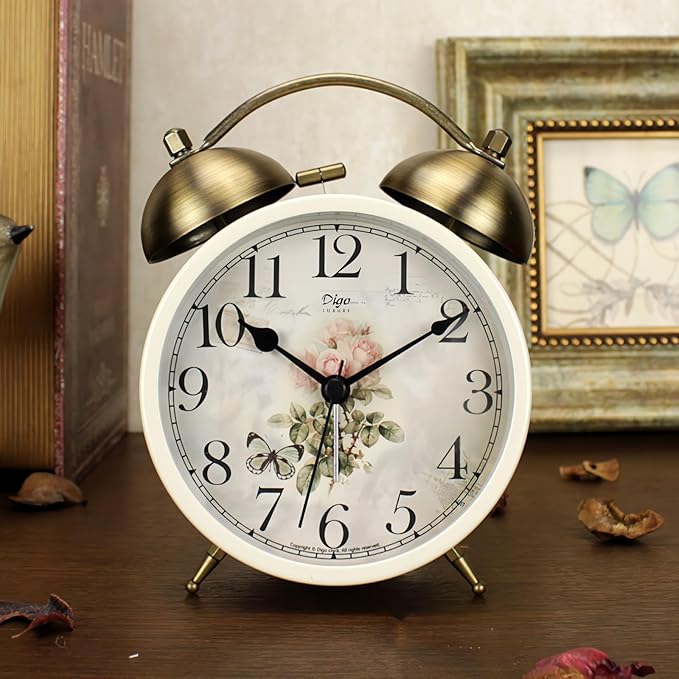 Maxspace 4 Inch Twin Bell Alarm Clock, Retro Analog Alarm Clock Silent Non-Ticking Quartz with Nigh Light, Small Desk Clock for Bedside Table, Battery Operated (Rose)