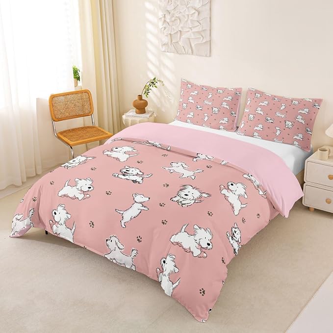 Erosebridal Cute Dog Bedding Set King Cartoon Animals Pastel Pink Duvet Cover Paw Print Comforter Cover for Kids Girls Boys Adults Modern Preppy Aesthetics Bed Set