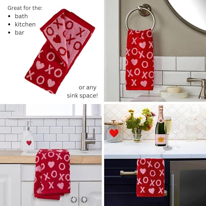 SKL Home Valentines Day Xs and Os Jacquard 100% Cotton Reversible 2pc Hand Towel Set, Decorative for Bath/Kitchen/Bar & Gift, Red