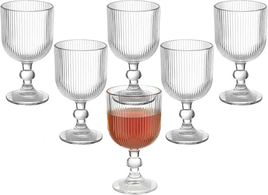 Vintage Wine Glasses Set of 6, 11 Ounces Colored Glass Water Goblets, Unique Embossed Pattern High Clear Stemmed Glassware Wedding Party Bar Glass Drinking Cups Fancy Glasses Vertical Line Clear