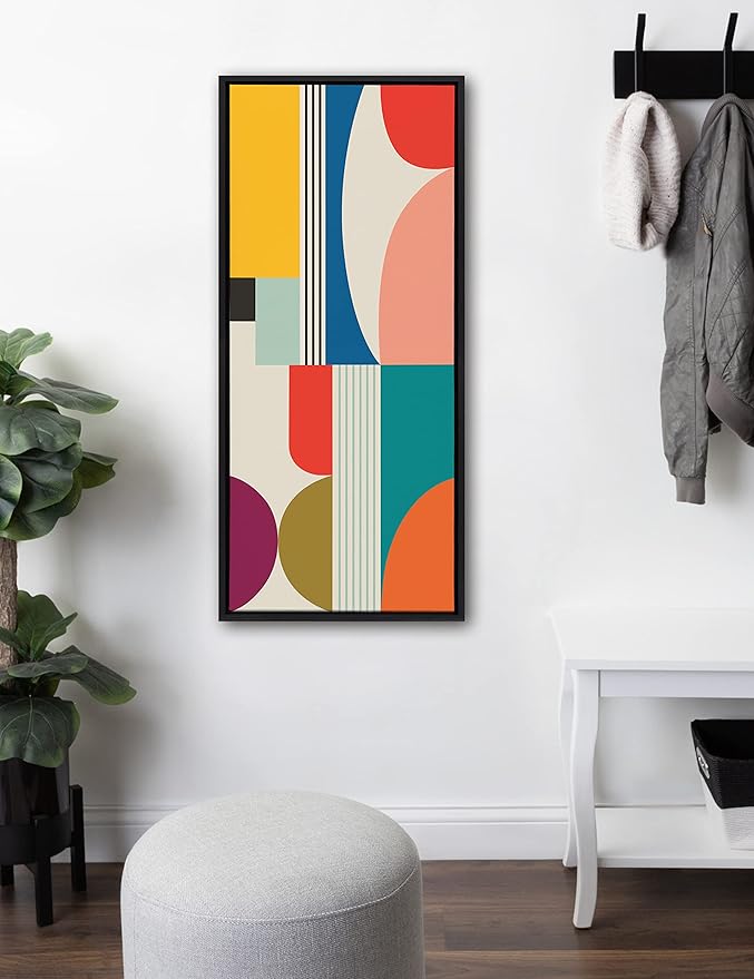 Kate and Laurel Sylvie Mid Century Modern Pattern Framed Canvas Wall Art by Rachel Lee of My Dream Wall, 18x40 Black, Colorful Abstract Art Print for Wall