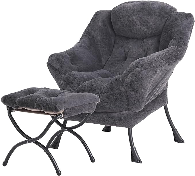 Tiita Lazy Chair with Ottoman, Modern Large Accent Lounge Chair, Leisure Sofa Armchair with Ottoman, Reading Chair with Footrest for Bedroom, Living Room, Dorm Rooms, Garden, Plush-dark Grey