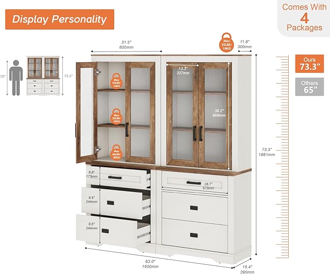 WAMPAT 2 Column 73.3" Tall Bookcase with Glass Door, 63" Wide Rustic Wood Bookshelves with Chest of Drawers, Modern Farmhouse Display Storage Cabinet with Adjustable Shelves for Home,Office,White&Oak