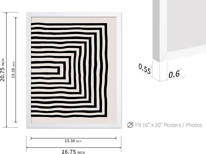 Poster Master Japanese Ink Poster - Rectangle Tunnel Print - Geometric Illustration - Abstract Illustration - Line Artwork - Mid Century Modern Art - Minimal Living Room Design - 16x20 White Framed