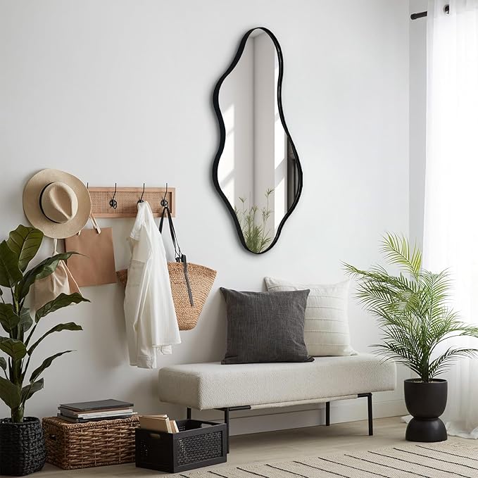 Irregular Wall Mirror, 40"x18" Asymmetrical Bathroom Mirrors with Metal Frame, Odd Shaped Mirror Decorative, Modern Abstract Mirrors for Living Room Bedroom Hallway Entryway Fireplace