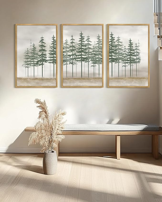 KUVIOKE Green Foggy Misty Pine Tree Framed Canvas Wall Art Watercolor Nature Abstract Forest Wall Decor Rustic Minimalist Painting for Bedroom Dining Room 24x36in (Natural Framed)