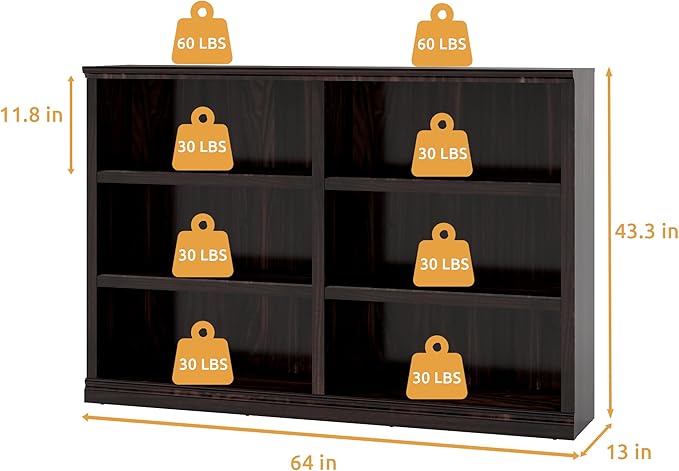 Double Wide Open Shelf Bookcase - 3 Tiers 6 Storage Cube Adjustable Space Book Case, Display Cabinet Organizer with Bookshelf, 64.8 inch Width Indoor Furniture for Home Library Office, Dark Cherry