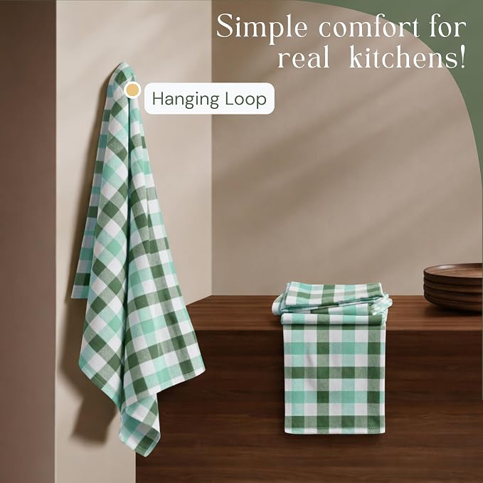 Checked Kitchen Towels 4 Pack, 18"x26", 100% Cotton, Absorbent Dish Towels for Kitchen Drying, Reusable Dishcloths for Cleaning, Quick Dry Wash Rags - Mint Green, Aqua Green, White