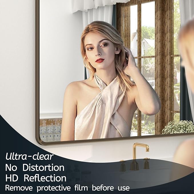 OKPAL 30x36 Bronze Bathroom Wall Mirror, Modern Brushed Metal Framed Mirror for Vanity, Bronze Rounded Rectangle, Anti-Rust, Tempered Shatterproof (Horizontal/Vertical)