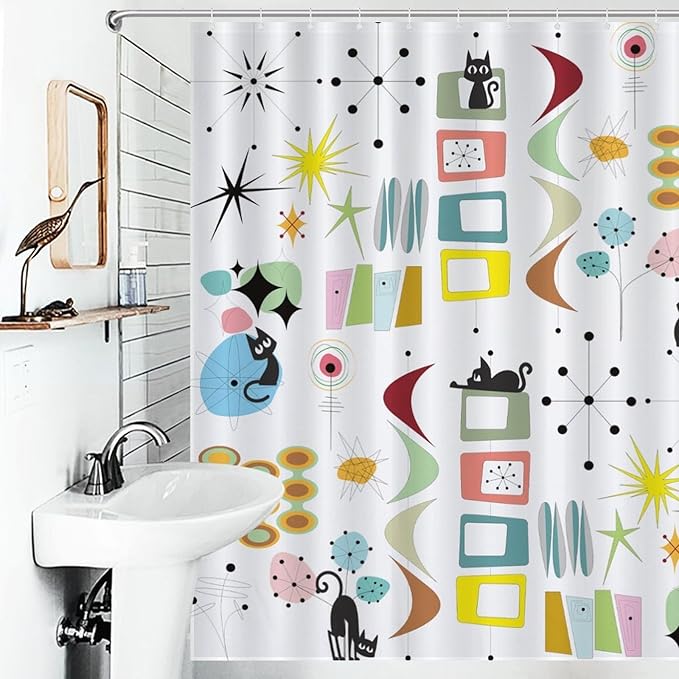 Mid Century Modern Shower Curtain for Bathroom, Rustic Black Cat Atomic Abstract Kittey Geometric Retro 1950s 1960s Waterproof Fabric Shower Curtain Set with Hooks, 72"x78"