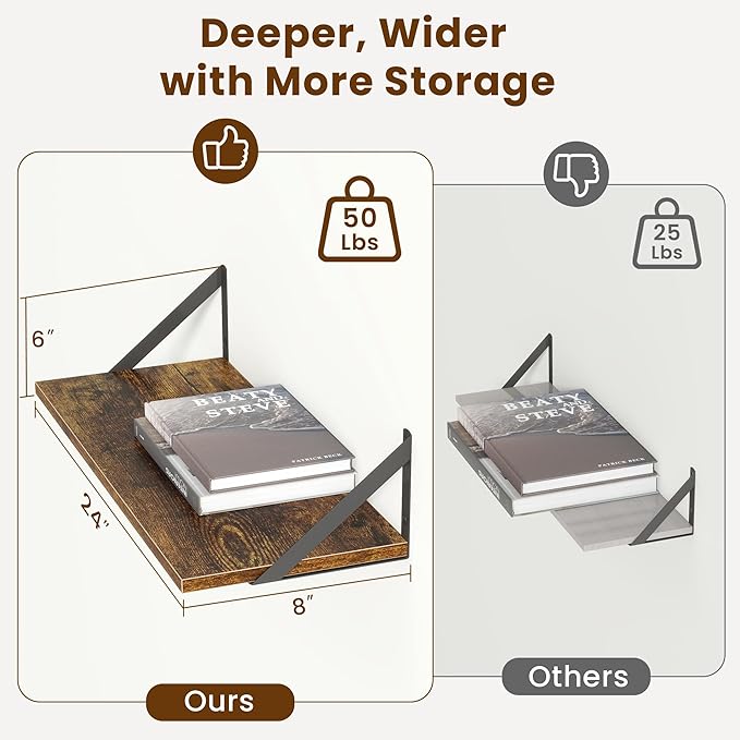 Floating Shelves for Wall Decor,24" Wx8 D Wall Mount Floating Bookshelf Set of 2,Hanging Storage Shelf with Sturdy Metal Brackets,Wooden Shelf for Living Room,Bedroom,Bathroom,Rustic Brown