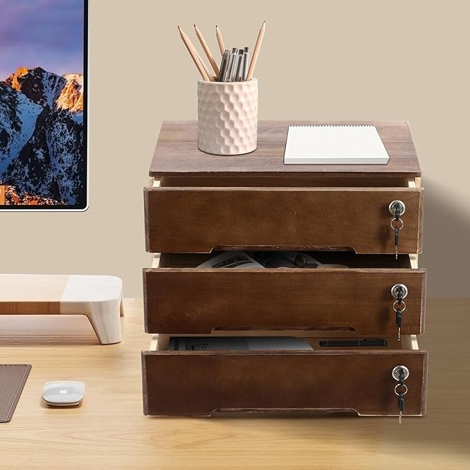 Desktop File Organizer with Lock, 2/3/4 Tier Multi-Drawer Wooden Storage Cabinet, Office Supply Organizer for Home Desk, Study & Workplace (Walnut, 3 Layers)