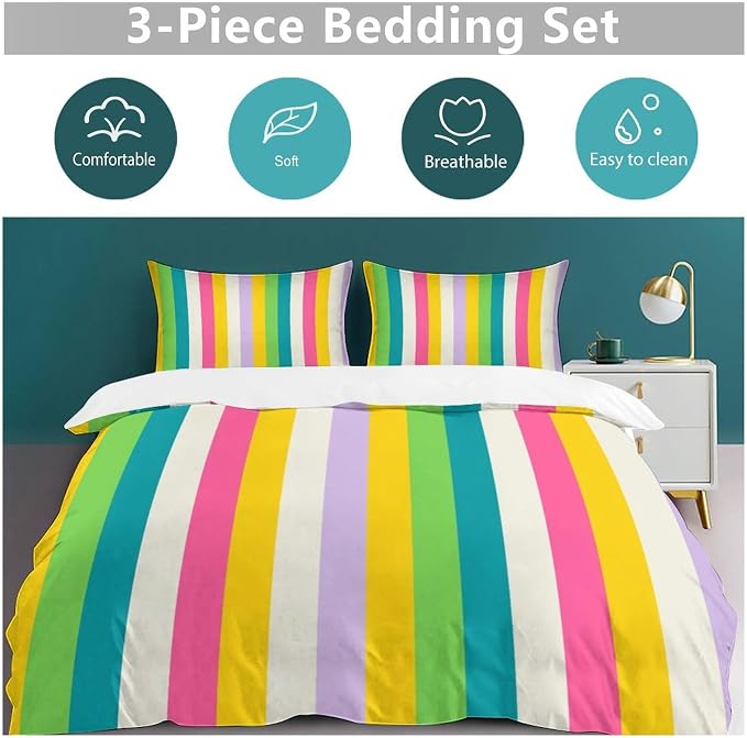 Rainbow Duvet Cover Set, Rainbow Lines Pattern Spectrum of Colors Abstract Art Decorative，Aesthetic Abstract Art Bedding 3 Piece (1 Duvet Cover 86"x70" + 2 Pillow Sham 20"x30")