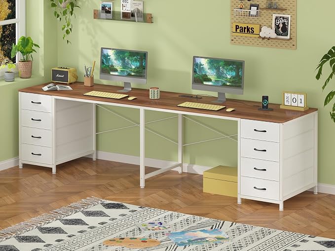 YOMILUVE 95'' Two Person Desk with 8 Drawers, Long Office Desk with Charging Station, 2 Person Desks Double Desk Writing Study Table for Home Office, Brown and White