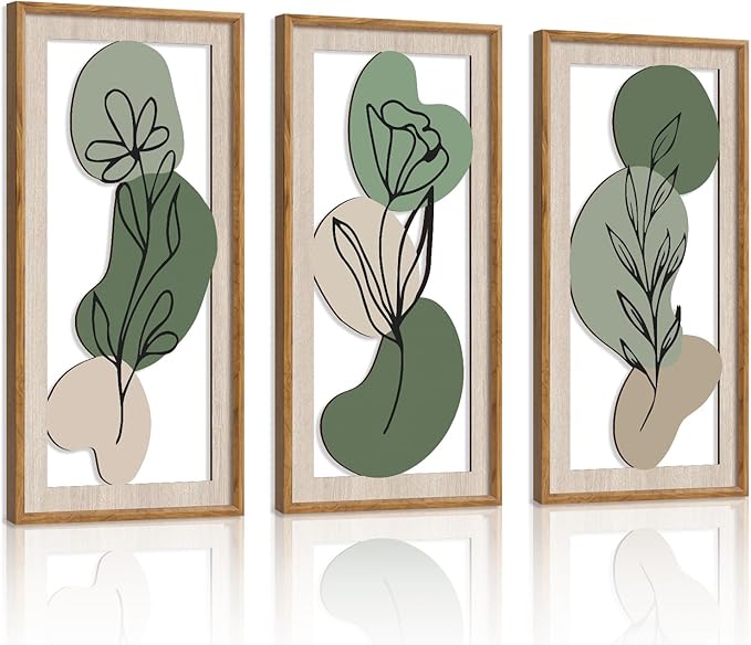 HPNIUB 3 PCS Minimalist Floral Wall Decor, Boho Green Geometric Hanging Wood Sign for Living Room, 8x16Inch Modern Bohemian Botanical Leaf Wooden Plaque for Apartment Bedroom Office Decoration