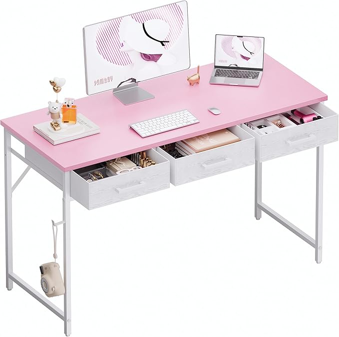 Pamray 47 Inch Small Computer Desk with 3 Drawers for Bedroom Study Writing Home Office Table for Small Spaces Pink