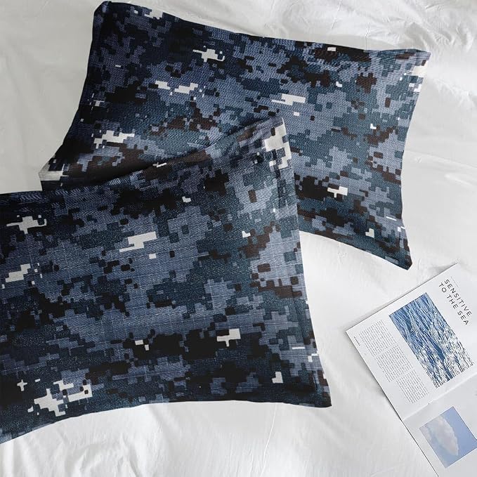 Comforter Set with Pillowcase Twin Size, Digital Navy Blue Camouflage Camo, Bed Decor Army Military Brown Gray Seal Us for Kids and Adults, Soft Cozy Bedroom Bedding Set