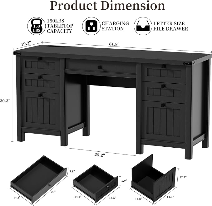 Executive Desk, Modern Farmhouse Computer Desk with Drawers & Cabinet, Home Office Desk for Work Study Writing Workspace (Black, 62")