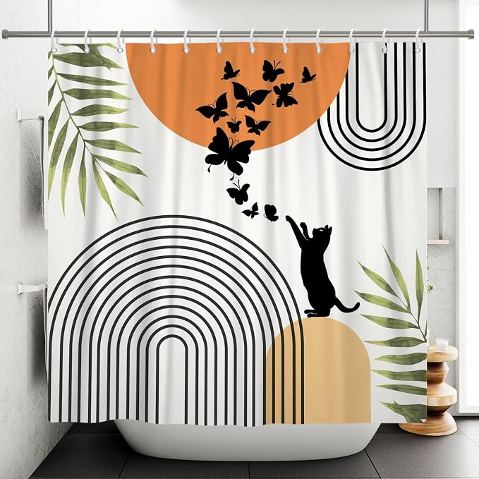Mid Century Cat Shower Curtain Abstract Boho Geometric Minimalist Black Cat Butterflies Green Leaf Aesthetic Shower Curtain for Bathroom Decoration Accessories with Hooks 72x72 inch