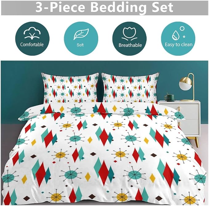 Mid Century Bedding Set,1950s 1960s Vintage Modern Geometric Abstract Atomic Stars Geometric Diamond Pattern Comforter Set with Pillowcase for Bedroom Bed Decor,Full 79"x90"