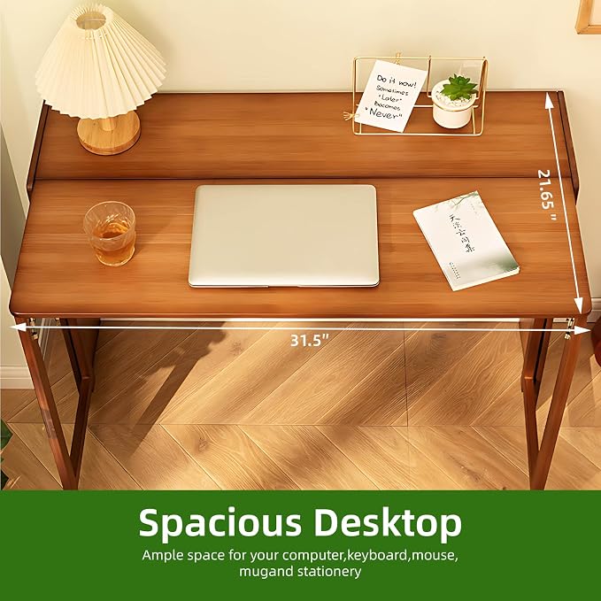 32.68" Space Saver Transformer Desk, Skinny Mid Century Modern Writing Table, Bamboo Foldable Study Table for Small Spaces, Compact Computer Desk for Bedroom Home Office Dorm Apartment (Walnut)