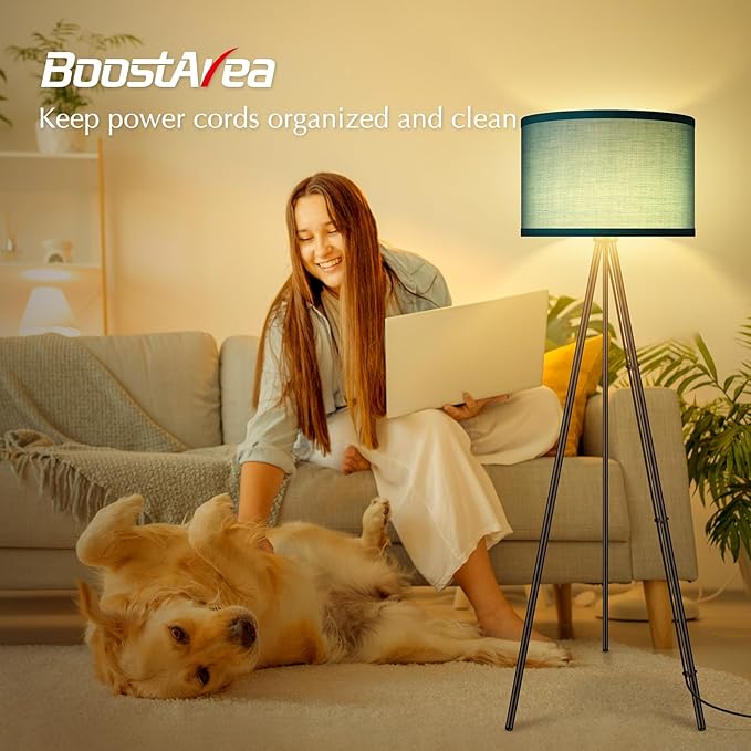 BoostArea Floor Lamp for Living Room, Tripod Floor Lamp, Green Linen Lamp Shade, Blub Not Included,Mid Century Standing Lamp for Living Room, Bedroom, Study Room and Office
