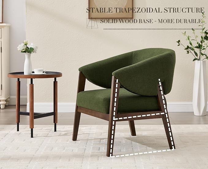 CIMOTA Mid-Century Modern Accent Chair, Comfy Barrel Armchair with Wide Seat, Upholstered Lounge Chair with Walnut Wood Legs for Living Room/Bedroom/Reading Corner, Linen Fabric, Deep Green, 1PC
