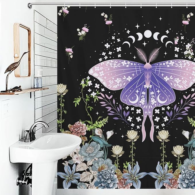 Floral Moth Moon Shower Curtain, Nature Aesthetic Flower Phase of The Moon Artistic Design Waterproof Shower Curtains for Bathroom Decor 12 Pack Hooks 72x72in (183x183cm)