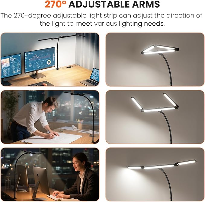 LED Desk Lamp for Office Home, 3 Head Adjustable Computer Monitor light Bar Stepless Dimming, Eye Caring Architect Desk Lamp Table Lamp Clip on Desk Light with Clamp for Reading Study Workbench Black