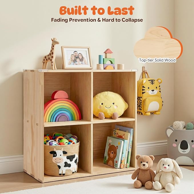 4 Cube Storage Organizer, Solid Wood Bookshelf, Vertical Or Horizontal Bookcase Horizontal Bookshelf, Bookcase for Bedroom, Living Room, Office (Natural Wood, 4-Cube, 2)