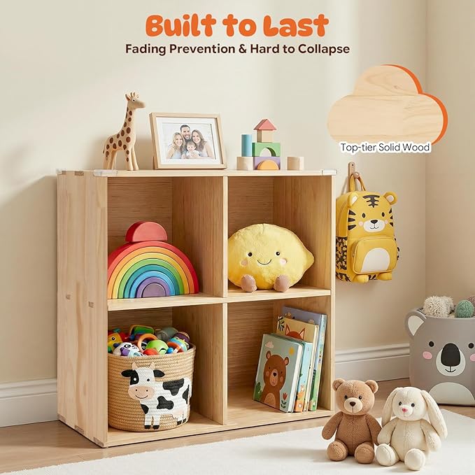 4 Cube Storage Shelf, 2-Tier Solid Wood Cube Storage Organizer, Vertical or Horizontal Floor Standing Open Bookcase for Bedroom, Study, Bookstore & Office