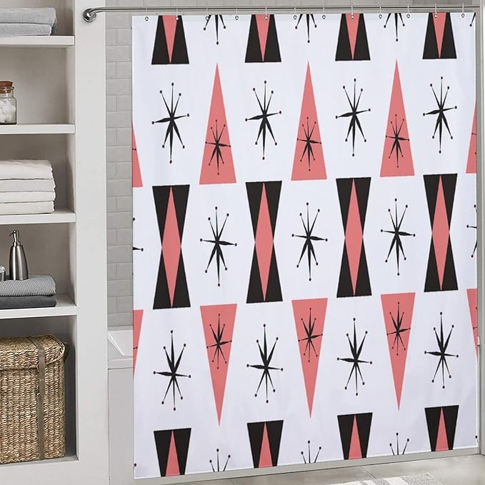 Retro 50s Shower Curtain Atomic Mid Century Black White Coral Pink Colors Pattern Duty Fabric Shower Curtains Set Bathroom Polyester Waterproof with 12 Hooks,72x72Inch（183x183cm）