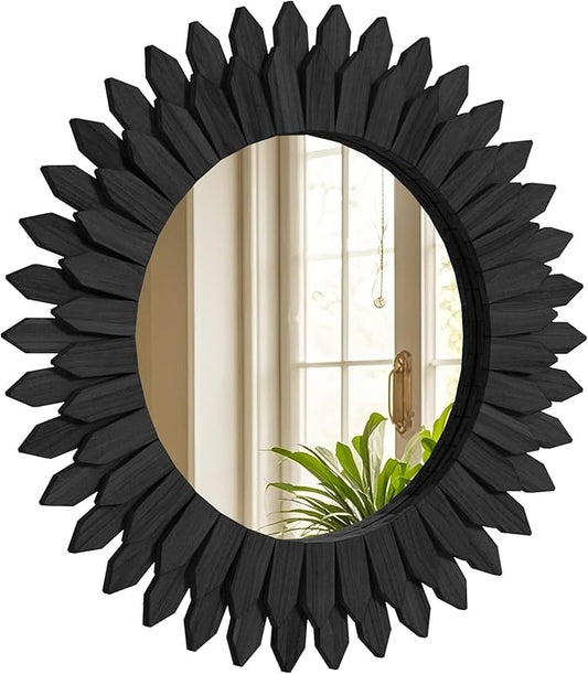 Boho Wood Sunburst Round Wall Mirror, 24 Inch Rustic Circle Wooden Frame Decorative Mirror for Farmhouse Coastal Home, Home Wall Decor for Living Room Entryway Bedroom, Light Wood
