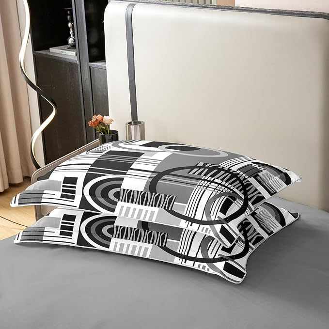 Erosebridal Art Deco Mid Century Duvet Cover Set Retro Modern Abstract Geometric 100% Cotton Comforter Cover Black and White Grey Circles Stripes Queen Bedding Sets, Contemporary Bed Sets