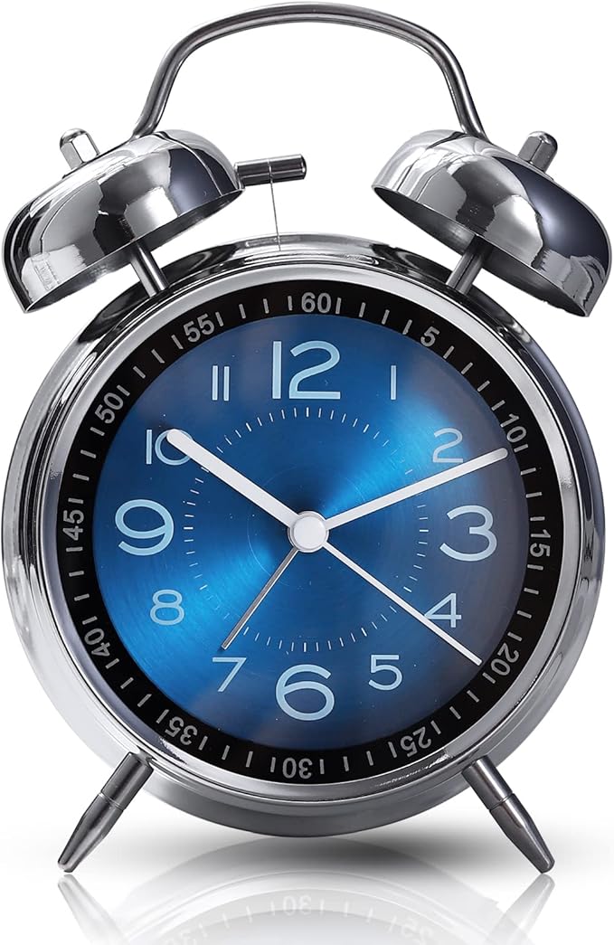Tetino Super Loud Alarm Clock for Heavy Sleepers,4 inches Twin Bell Alarm Clock with Backlight,Battery Operated,Silent Non Ticking,for Kids,Adults,Bedrooms,Retro Decor Desk Analog Clocks. (Blue)