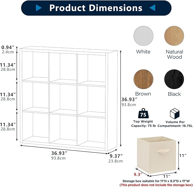 9-Cube Storage Organizer, Wooden Cube Shelf Bookcase with Reinforced Thick Shelves, Heavy-Duty 36.93" L x 9.37" W x 36.93" H, for Living Room Bedroom Home Office, White